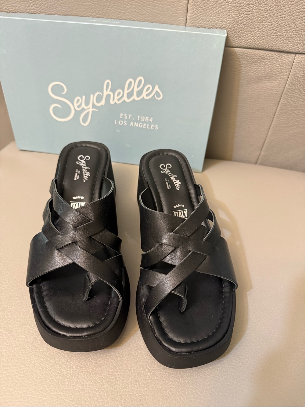 Seychelles Black Crisscross Platform Slide Sandals